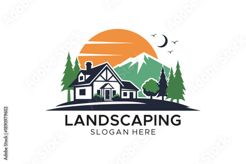 Mountain House Landscaping Logo Template with Sun and Pine Trees