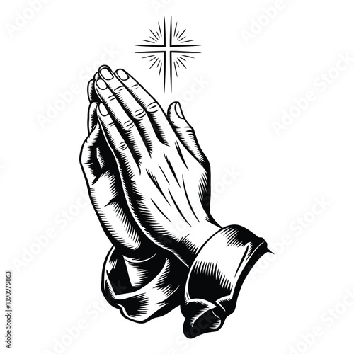 Stylized illustration of praying hands clasped together with a radiant cross symbol above, conveying faith and spirituality.