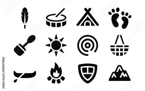 Grid of silhouette icons representing elements of Native American culture: feather, drum, teepee, footprints, canoe, sun, fire, mountains.