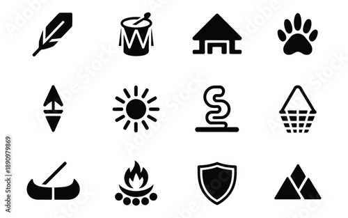 Collection of black icons depicting Native American cultural elements like feather, drum, tipi, paw print, sun, and mountains.