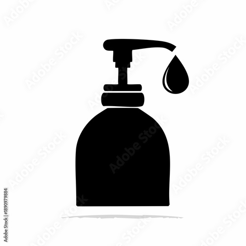 Black silhouette icon of a liquid soap dispenser with a push pump mechanism releasing a falling drop over a clean white background
