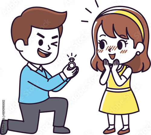 Cartoon man kneeling down on one knee presenting a sparkling diamond engagement ring to his surprised and happy girlfriend in a proposal scene