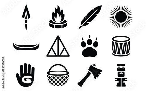 Native American and tribal icon set featuring arrowhead, campfire, feather, sun, canoe, teepee, paw print, drum, hand symbol, basket, and axe for cultural and survival themes.