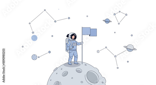 Astronaut Standing On Moon Holding Flag Illustration.