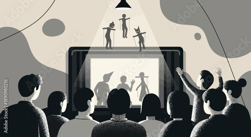Audience watching shadow puppet performance on stage illustration.