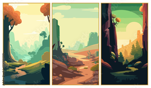 Set of three minimalist forest and canyon landscapes in a modern flat design. Detailed illustrations featuring winding dirt paths, towering cliffs, pine trees, and a soft morning sun in forest green, 
