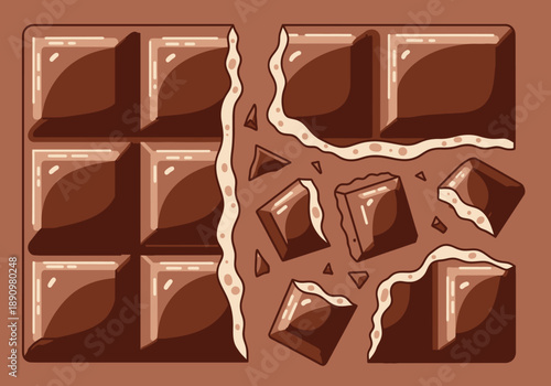 A broken chocolate bar with pieces scattered on a brown background from a top view