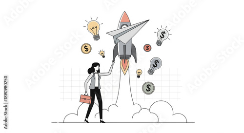 Businesswoman launching paper rocket with financial icons.