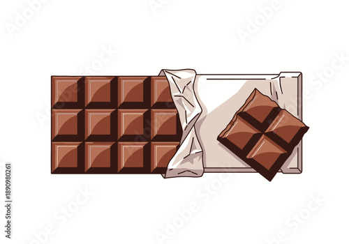 Illustration of chocolate bar with wrapper partially unwrapped, revealing brown chocolate pieces, flat design, top view