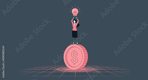 Businesswoman standing on coin holding glowing lightbulb.