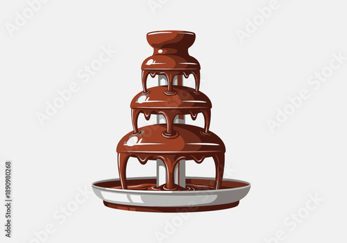 A chocolate fountain with multiple tiers stands on a white plate, chocolate flowing down its sides, a sweet treat scene from a high angle.