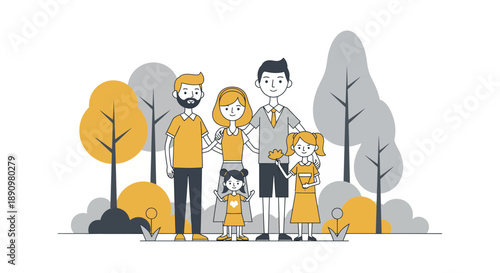 Cartoon illustration of a happy family group standing together.