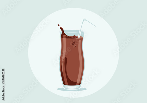 A cold chocolate milkshake with a straw and splash in a tall glass