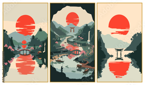 Set of three atmospheric Japanese landscapes in a modern vintage style. Detailed illustrations featuring a large red rising sun, traditional bridges, Torii gates, cherry blossoms, and calm river refle