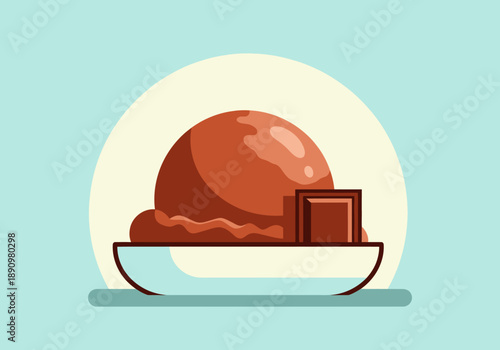 A digital illustration of a dessert, featuring chocolate mousse and a chocolate square on a plate, viewed from directly above in a minimalist style.