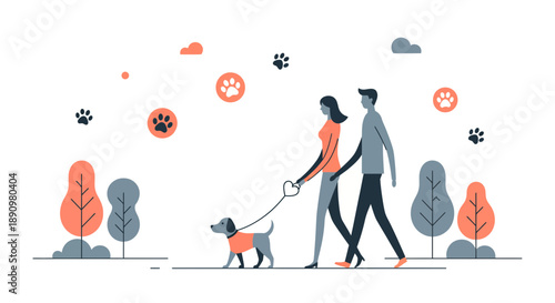 Couple Walking Dog Outdoors in Park.