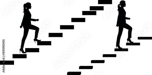 Businesswomen silhouette climbing stairs to success and career growth