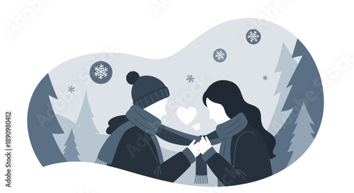 Couple warmly dressed holding hands in winter scene.