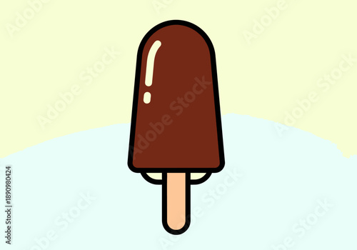 A chocolate popsicle on a stick against a pastel background viewed from the front