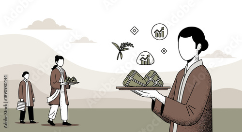 Faceless person in traditional attire holding tray with miniature landscape.