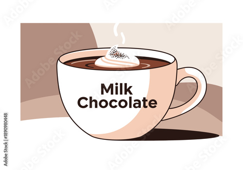 A steaming cup of milk chocolate on a table, viewed from directly above in a cozy environment