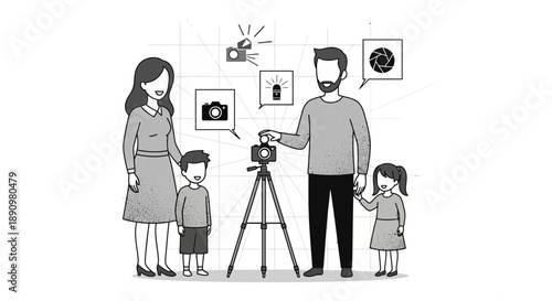 Family standing together with camera on tripod illustration.