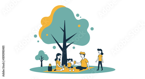 Family enjoying picnic under large tree outdoors.