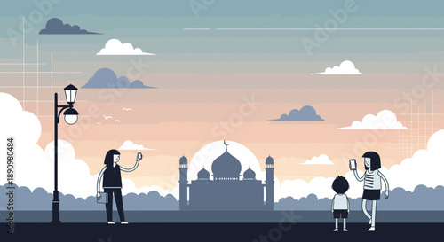 Family Taking Photos Near Famous Landmark.