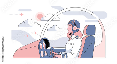 Female pilot flying airplane cockpit with headset.