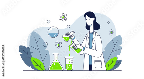 Female scientist conducting laboratory experiment with glassware.
