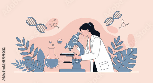 Female Scientist Using Microscope in Laboratory Illustration.