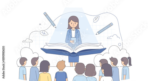 Female teacher standing with open book teaching group of students.