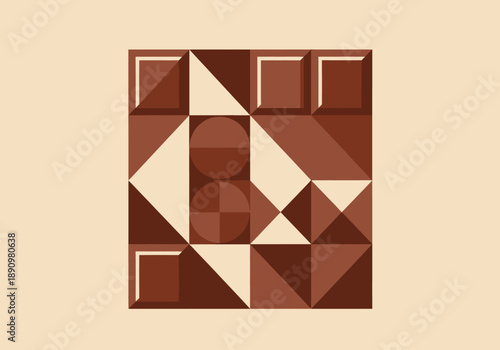 Geometric shapes in a square composition forming an abstract chocolate design from various brown tones