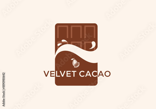 Cacao bar with flowing cocoa wave and cocoa pod illustration on a chocolate background viewed from directly above
