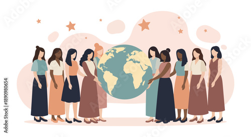Group of diverse women standing together around globe illustration.