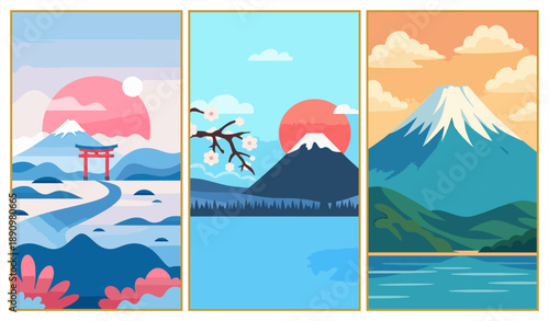 Set of three minimalist Japan-themed landscapes in modern flat design. Illustrations featuring Mount Fuji, a red Torii gate, cherry blossoms (Sakura), and serene lakes in soft blue, pink, and vibrant 
