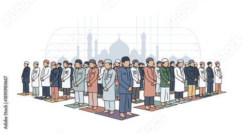 Group of Muslim Men Praying in Mosque Illustration.