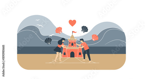 Group of people building a large sandcastle together on the beach.