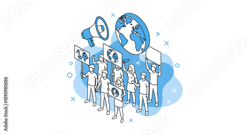 Group of people holding protest signs with globe illustration.