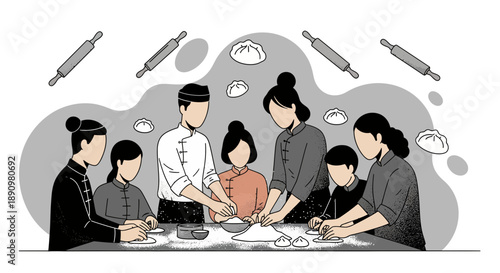 Group of people preparing food together at a table.