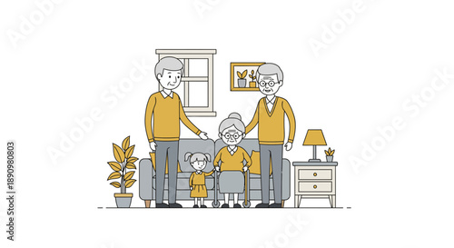 Illustration of family group with grandparents and child on sofa.