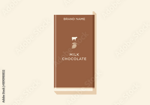 A chocolate bar wrapper with milk chocolate label and branding design on brown background viewed from directly above