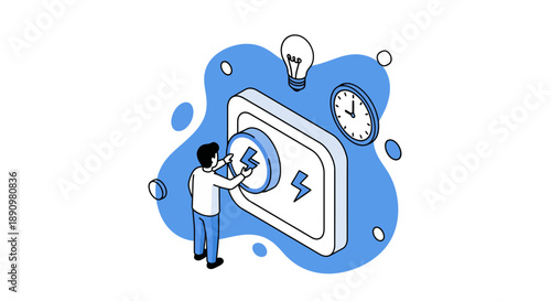 Illustration of Man Adjusting Electric Meter Device.