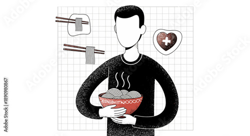 Illustration of person holding steaming bowl of noodles.