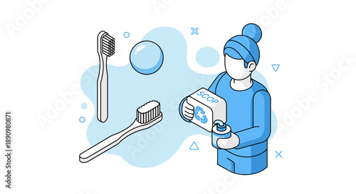 Illustration of person holding toothpaste box with toothbrushes.