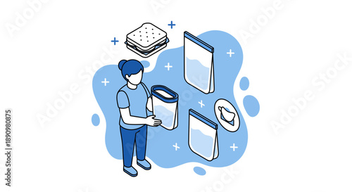Illustration of Person Sorting Recyclable Waste Bins.
