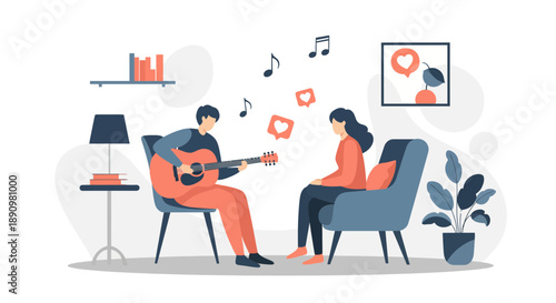 Man playing acoustic guitar for woman sitting on chair.