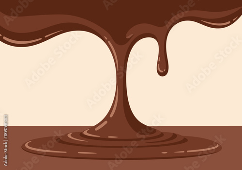 Rich chocolate sauce pouring from above creating a smooth, velvety puddle on a flat surface