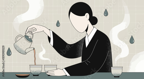 Minimalist illustration of woman pouring tea into cups.