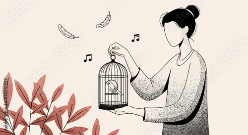 Minimalist illustration of woman holding birdcage with bird.